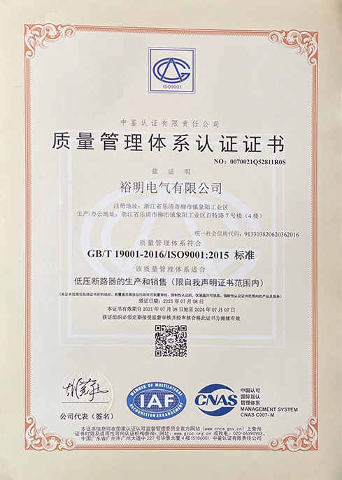 Certificazione di qualità della fabbrica degli interruttori automatici